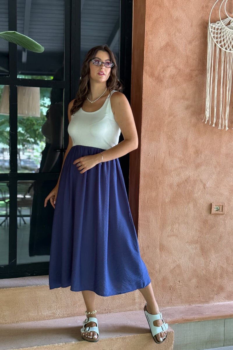TWO COLORS THICK STRAPS LONG WOMEN DRESS WHITE-BLUE/BABL - 1