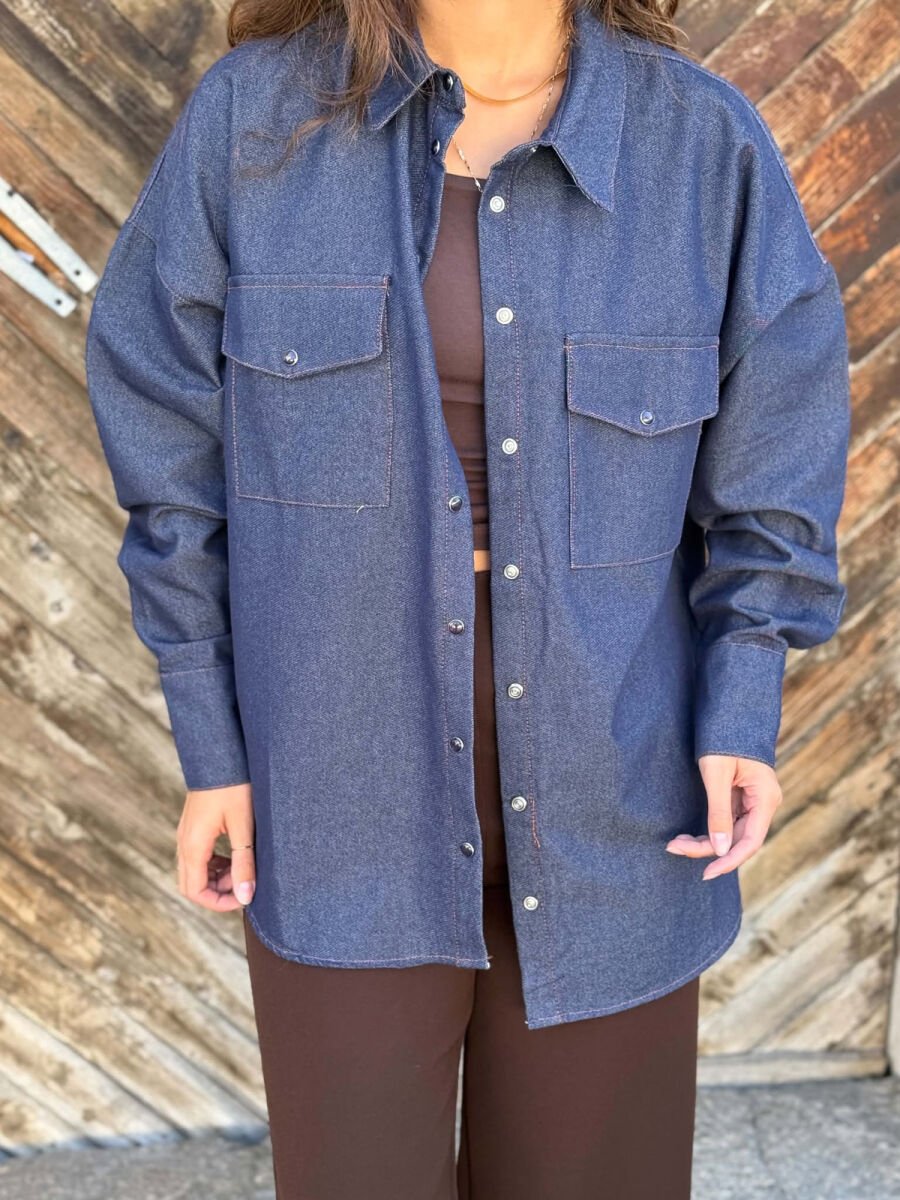 TWO FRONT POCKETS DENIM WOMAN SHIRT DARK BLUE/BEE - 2