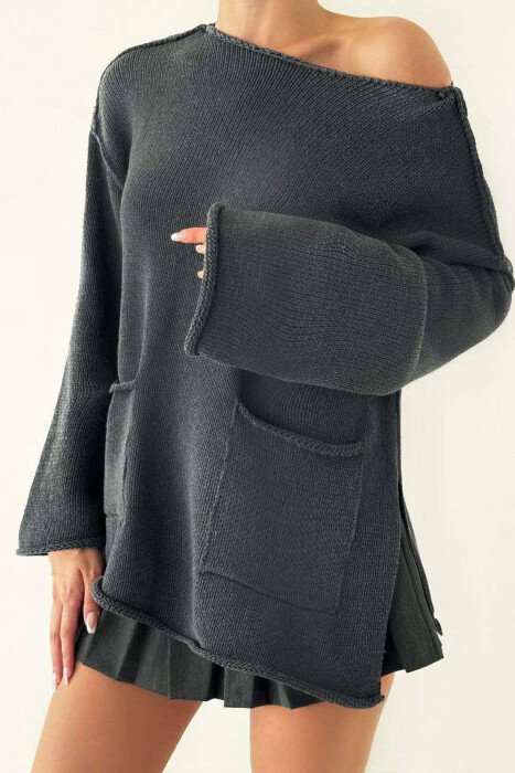 TWO FRONT POCKETS WOMEN SWEATER DARK GREY/GEE - KLAUDIO FASHION