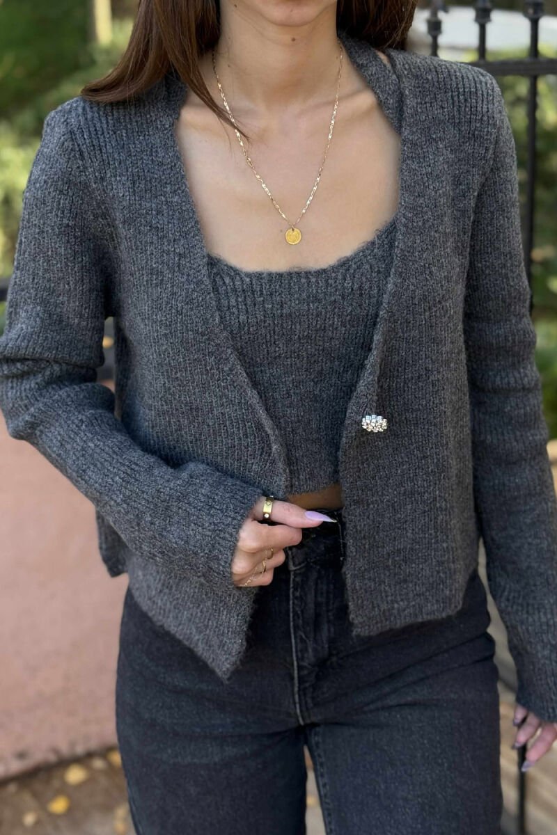 TWO IN ONE SIMPLE WOMEN CARDIGAN+TANK TOP DARK GREY/GEE - 4