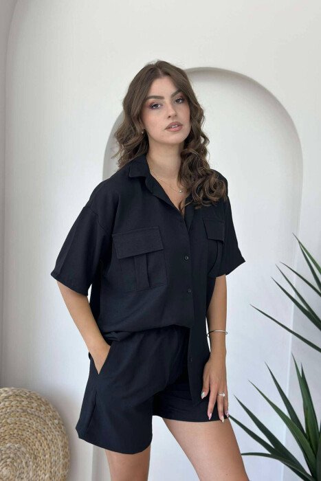 TWO POCKET SHIRT+SHORTS WOMEN SET BLACK/ E ZEZE - KLAUDIO FASHION