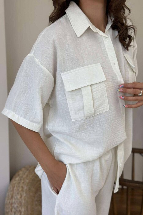 TWO POCKET SHIRT+SHORTS WOMEN SET CREAM/KREM - 3