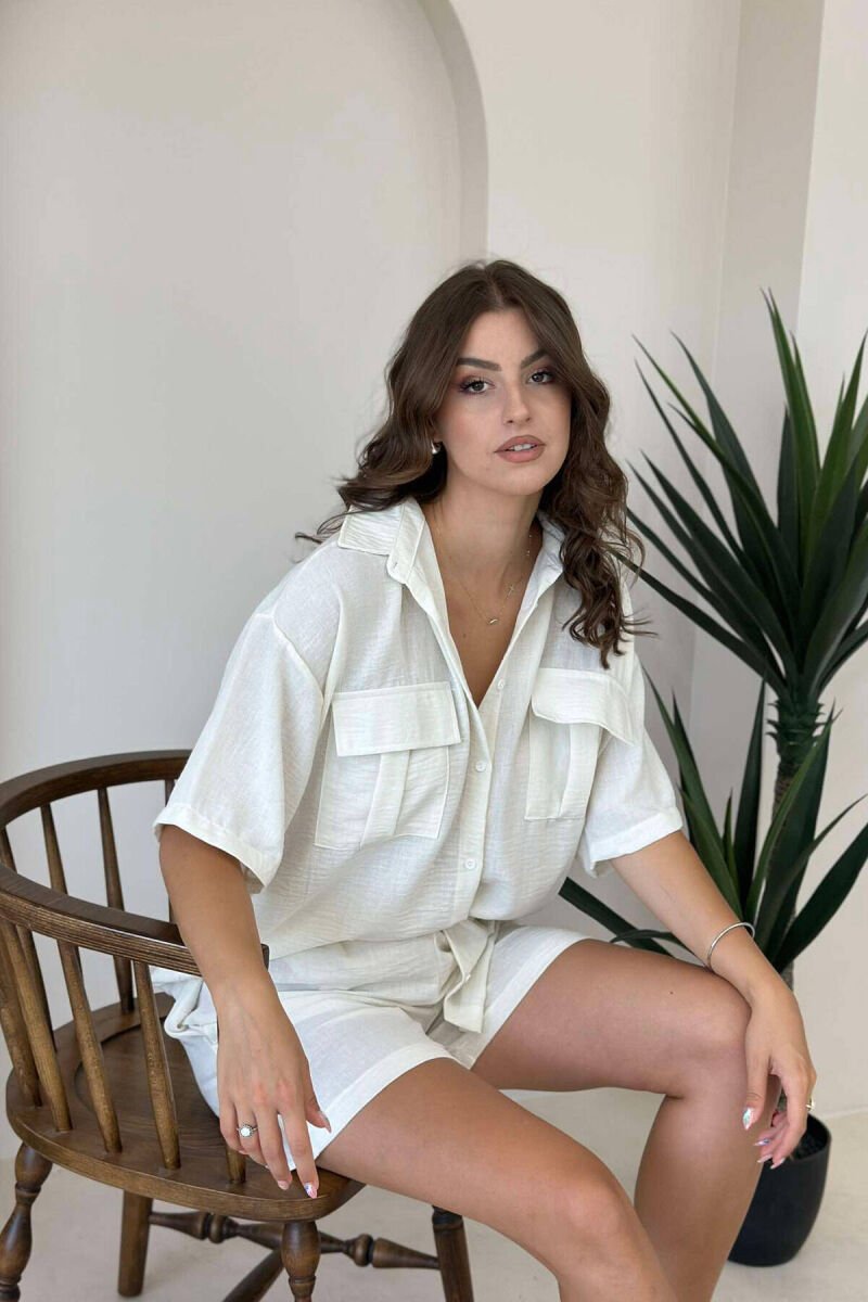 TWO POCKET SHIRT+SHORTS WOMEN SET CREAM/KREM - 4