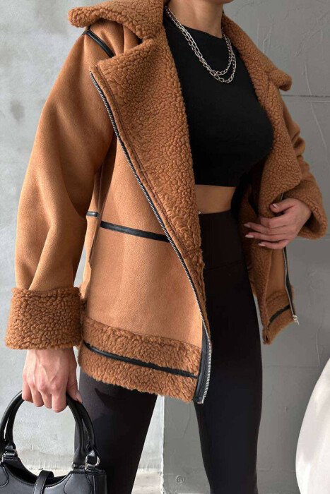 TWO POCKETS AND ZIPPER FLUFFY WOMAN JACKET BROWN/KAFE - 2