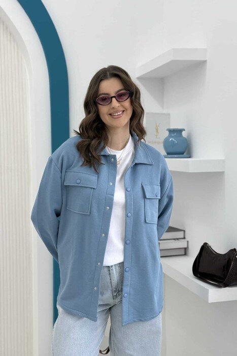 TWO POCKETS BUTTONED WOMEN JACKET LIGHTBLUE/BZ - 2