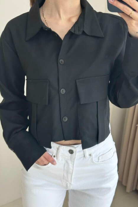 TWO POCKETS DETAIL CROPPED WOMEN SHIRT BLACK/ E ZEZE - 2