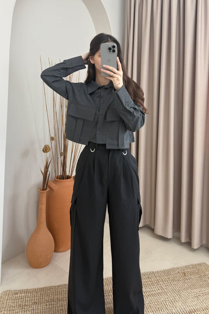 TWO POCKETS DETAIL CROPPED WOMEN SHIRT DARK GREY/GEE - 3