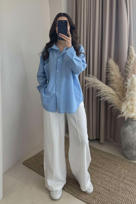 TWO POCKETS DETAIL ONE COLOR WOMEN SHIRT BLUE/BLU 