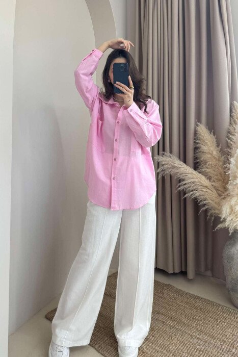 TWO POCKETS DETAIL ONE COLOR WOMEN SHIRT PINK/ROZE - 1