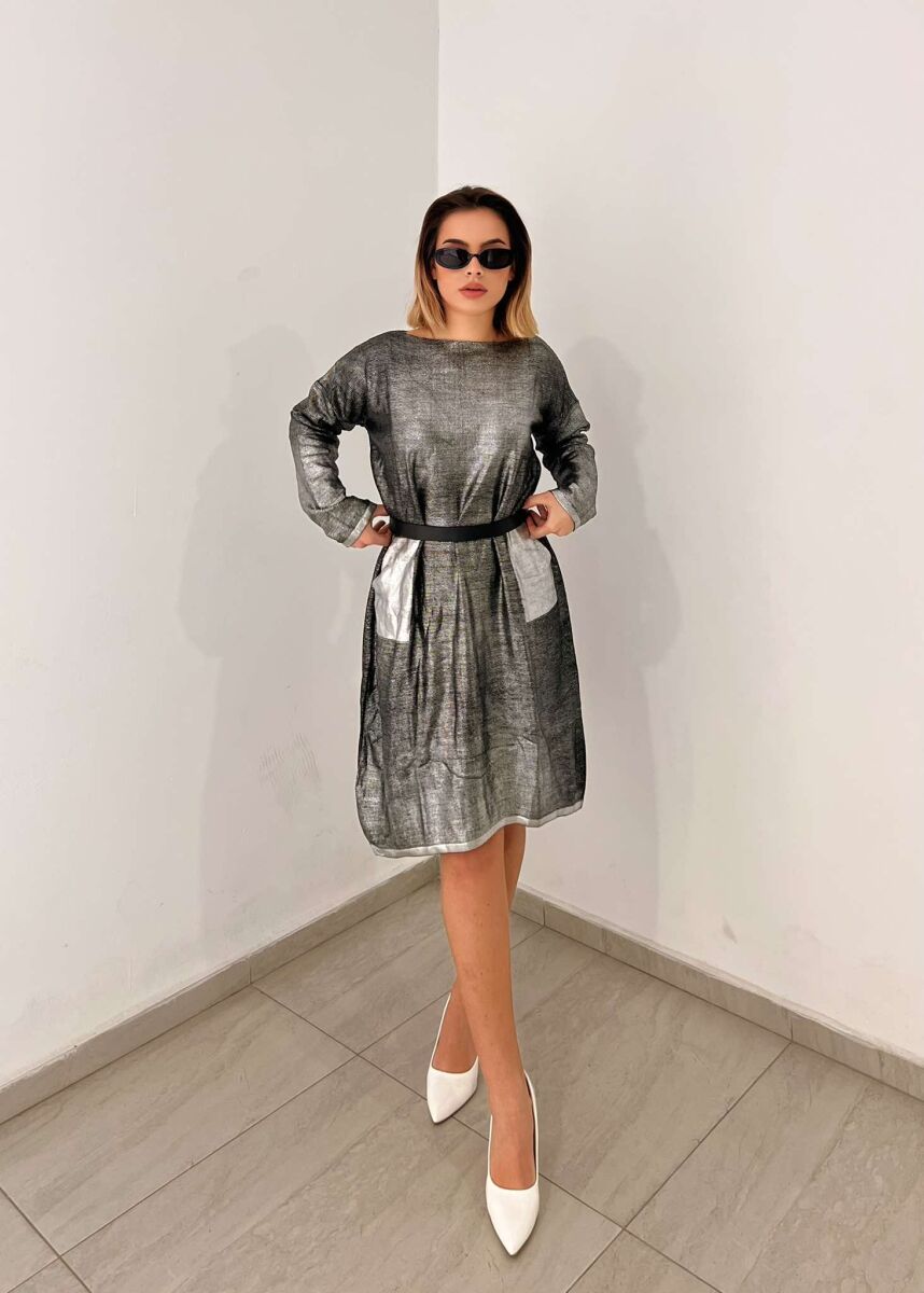 TWO POCKETS DETAIL SHINY WOMEN DRESS SILVER/ARGJEND - 1
