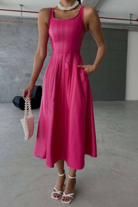 TWO POCKETS LEATHER ONE COLOR WOMAN DRESS FUCHSIA/CIKLAMI - KLAUDIO FASHION