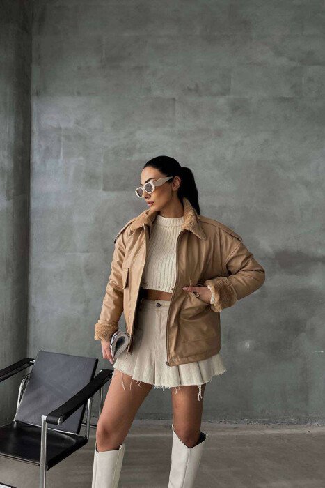 TWO POCKETS LEATHER WOMAN JACKET BEIGE/BEZHE 