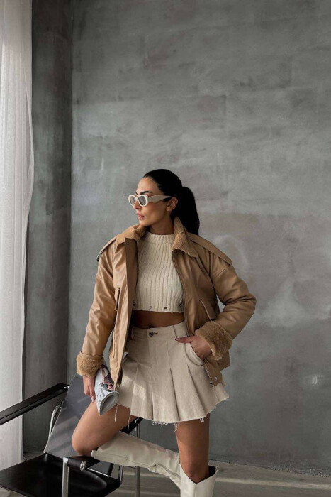 TWO POCKETS LEATHER WOMAN JACKET BEIGE/BEZHE - 2