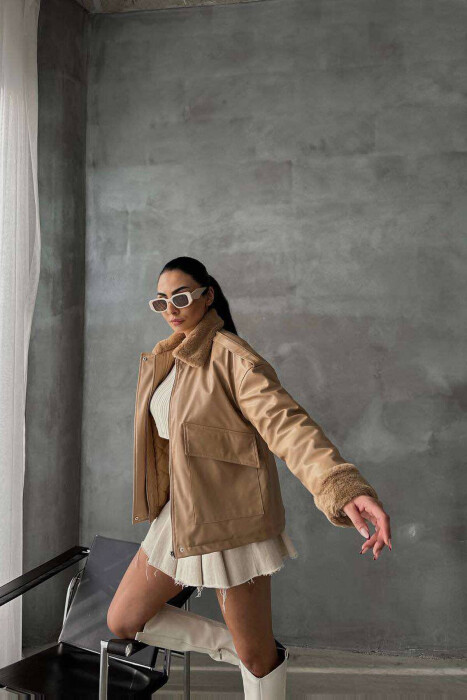 TWO POCKETS LEATHER WOMAN JACKET BEIGE/BEZHE - 5