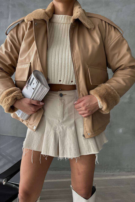 TWO POCKETS LEATHER WOMAN JACKET BEIGE/BEZHE - 6