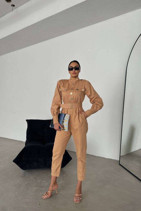 TWO POCKETS WOMAN JUMPSUIT SANDY BROWN/RERE - KLAUDIO FASHION