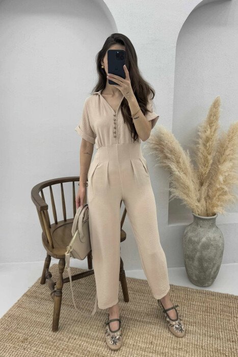 V-NECK & BUTTON FRONT WOMEN JUMPSUIT BEIGE/BEZHE - KLAUDIO FASHION