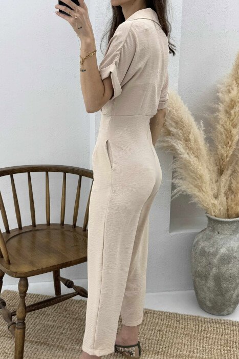 V-NECK & BUTTON FRONT WOMEN JUMPSUIT BEIGE/BEZHE - 3