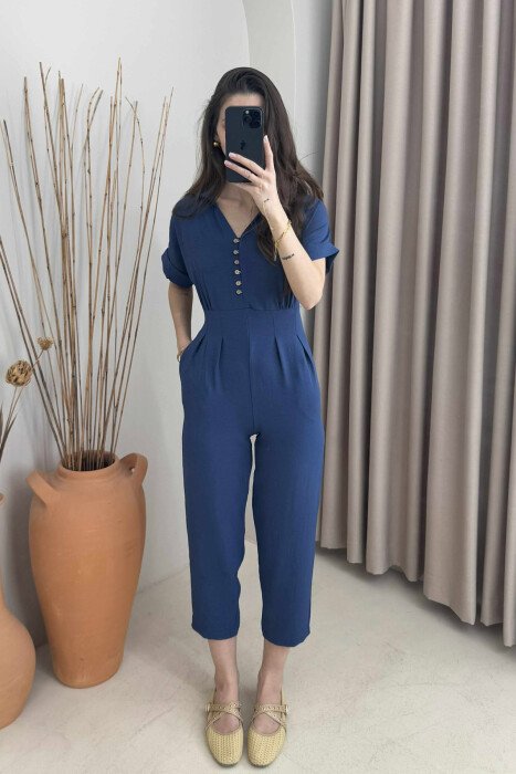 V-NECK & BUTTON FRONT WOMEN JUMPSUIT BLUE/BLU - KLAUDIO FASHION