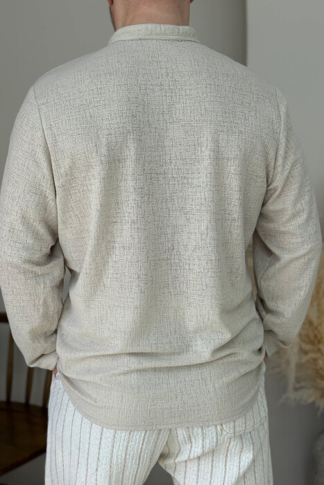 V NECK BUTTONED ONE COLOR MEN SHIRT BEIGE/BEZHE - 2