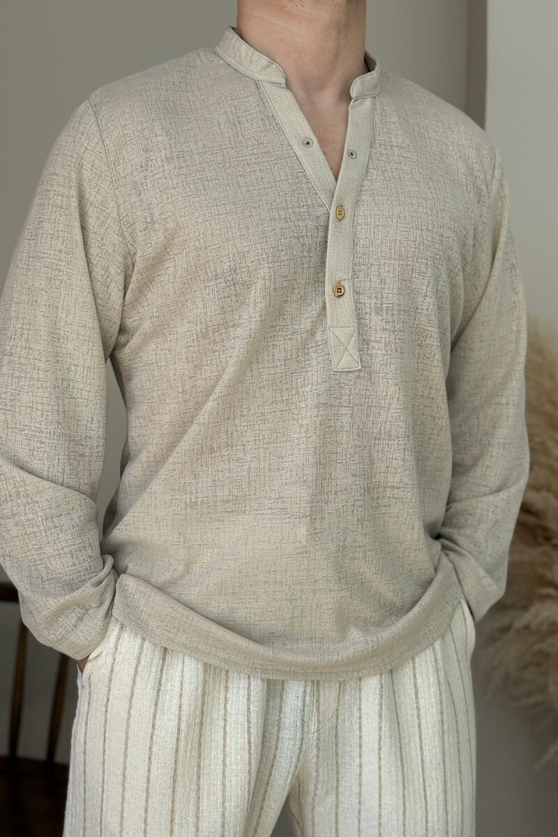 V NECK BUTTONED ONE COLOR MEN SHIRT BEIGE/BEZHE - 3