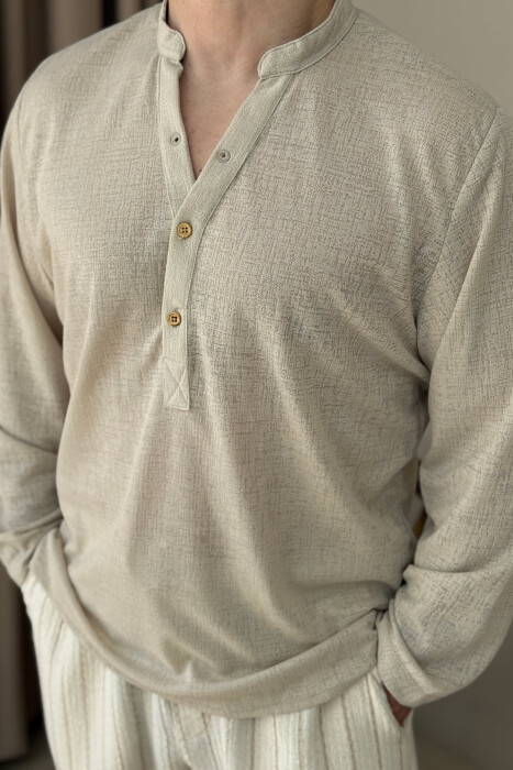 V NECK BUTTONED ONE COLOR MEN SHIRT BEIGE/BEZHE - 4