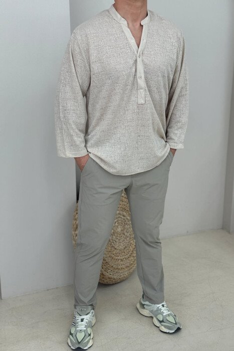 V NECK BUTTONED ONE COLOR MEN SHIRT CREAM/KREM 