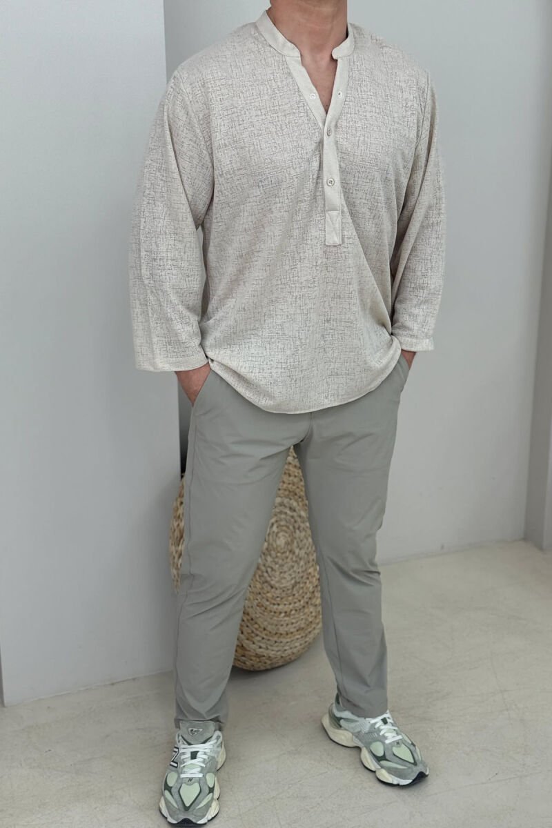 V NECK BUTTONED ONE COLOR MEN SHIRT CREAM/KREM - 1