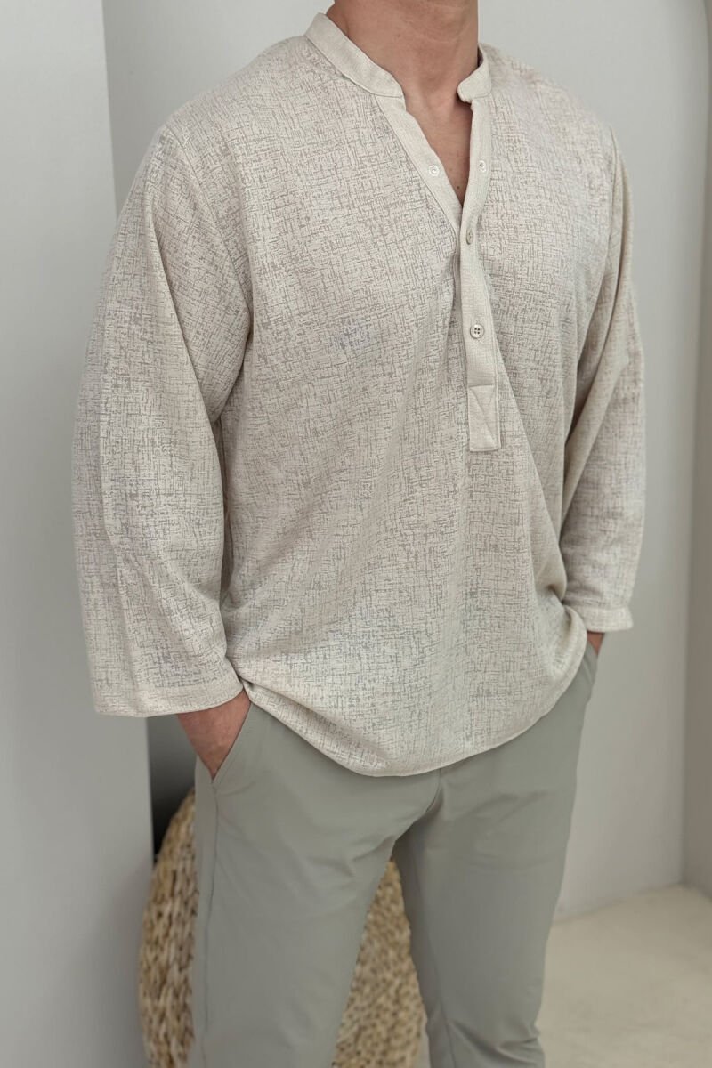 V NECK BUTTONED ONE COLOR MEN SHIRT CREAM/KREM - 3