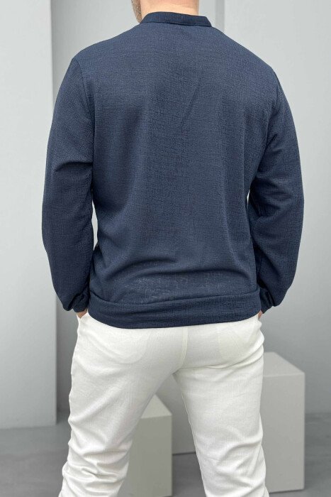 V NECK BUTTONED ONE COLOR MEN SHIRT DARK BLUE/BEE - 2