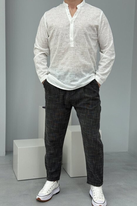 V NECK BUTTONED ONE COLOR MEN SHIRT WHITE-E BARDHE - 1