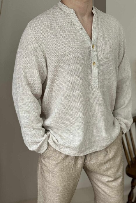 V NECK BUTTONS MEN SHIRT LIGHT BEIGE/BZHZB - 1