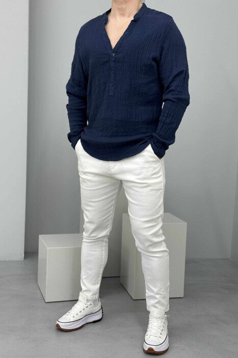 V NECK BUTTONS ONE COLOR MEN SHIRT DARK BLUE/BEE - 1