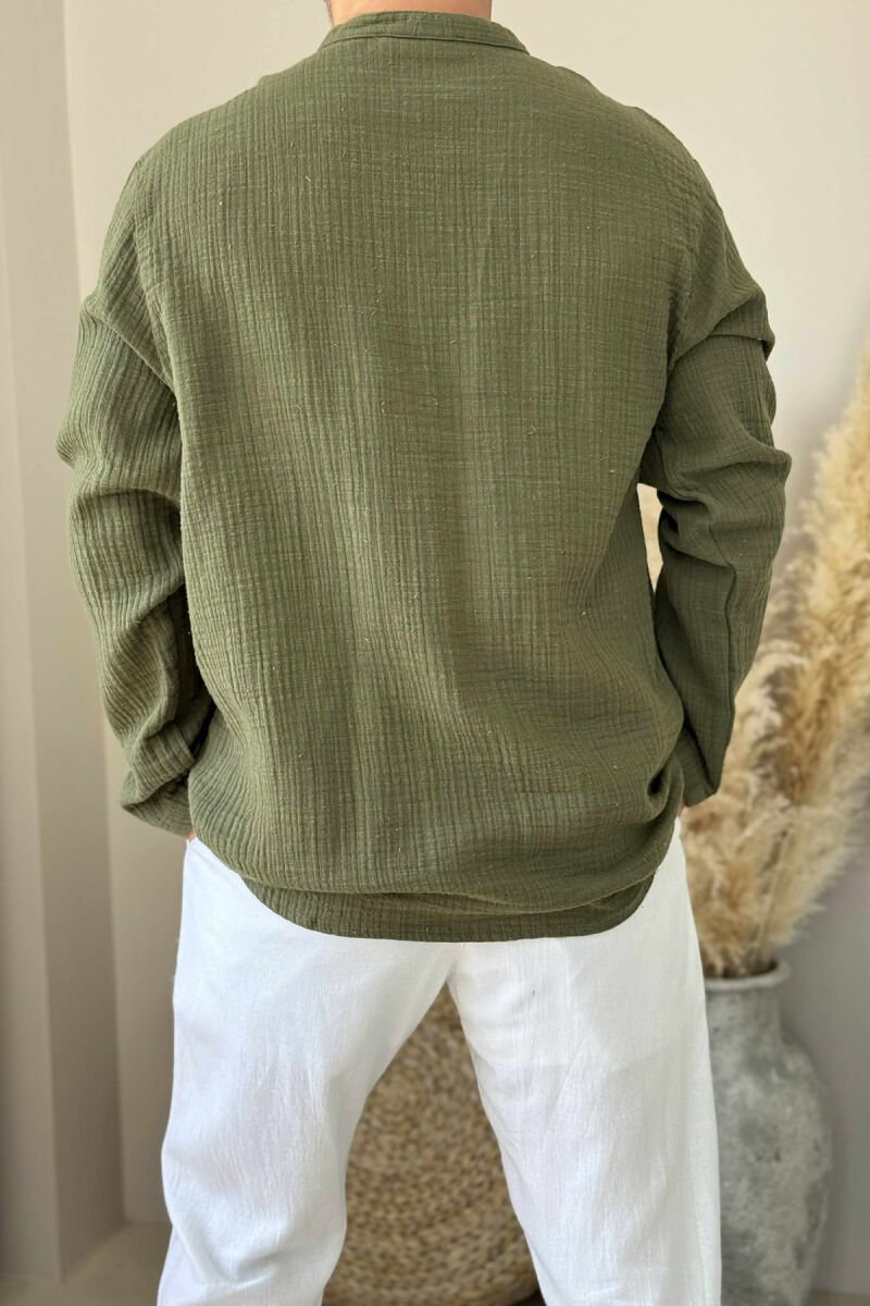 V NECK BUTTONS ONE COLOR MEN SHIRT DARK GREEN/JEE - 2