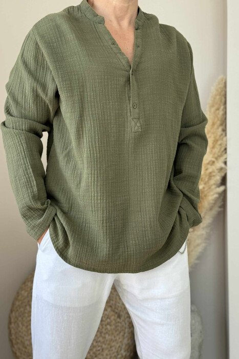 V NECK BUTTONS ONE COLOR MEN SHIRT DARK GREEN/JEE - 3