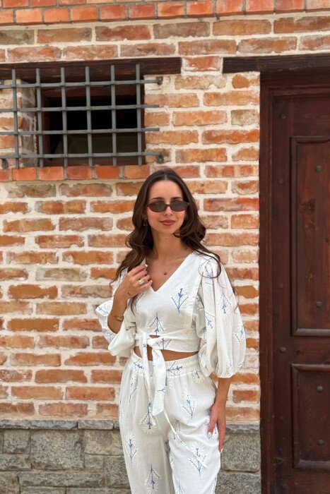V NECK CROP TOP + TROUSERS WOMAN SET WHITE-BLUE/BABL - 6