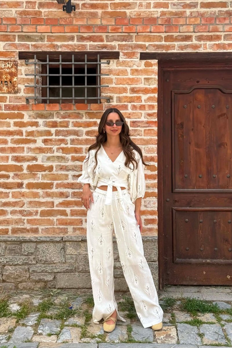 V NECK CROP TOP + TROUSERS WOMAN SET WHITE-BROWN/BAKA - 1