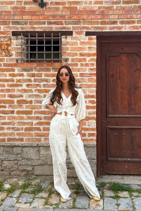 V NECK CROP TOP + TROUSERS WOMAN SET WHITE/GREEN-BAJE - 1