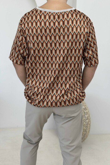 V NECK DESIGNED MEN T-SHIRT BROWN/KAFE - 2
