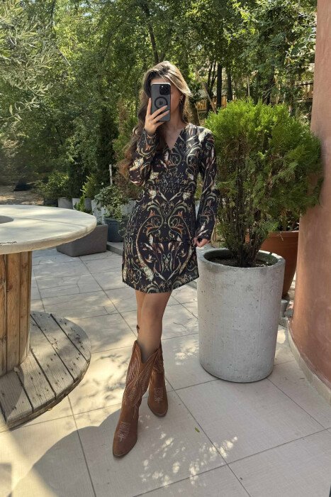 V NECK DESIGNED SHORT WOMEN DRESS BLACK-GREEN/ZEJE - 2