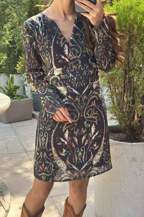V NECK DESIGNED SHORT WOMEN DRESS BLACK-GREEN/ZEJE - 3