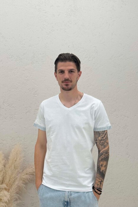 V NECK DETAILS MEN T-SHIRT WHITE-BLUE/BABL - 1
