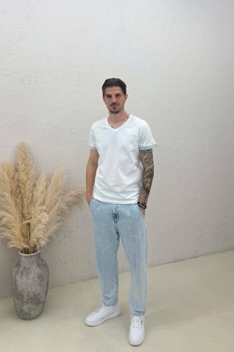 V NECK DETAILS MEN T-SHIRT WHITE-BLUE/BABL - 3