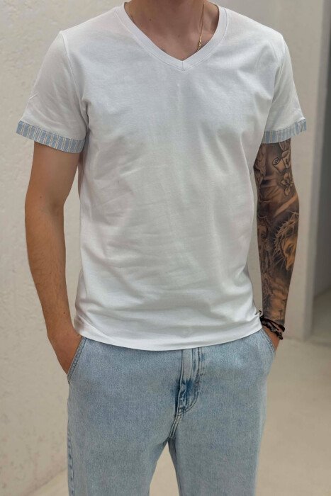 V NECK DETAILS MEN T-SHIRT WHITE-BLUE/BABL - 4