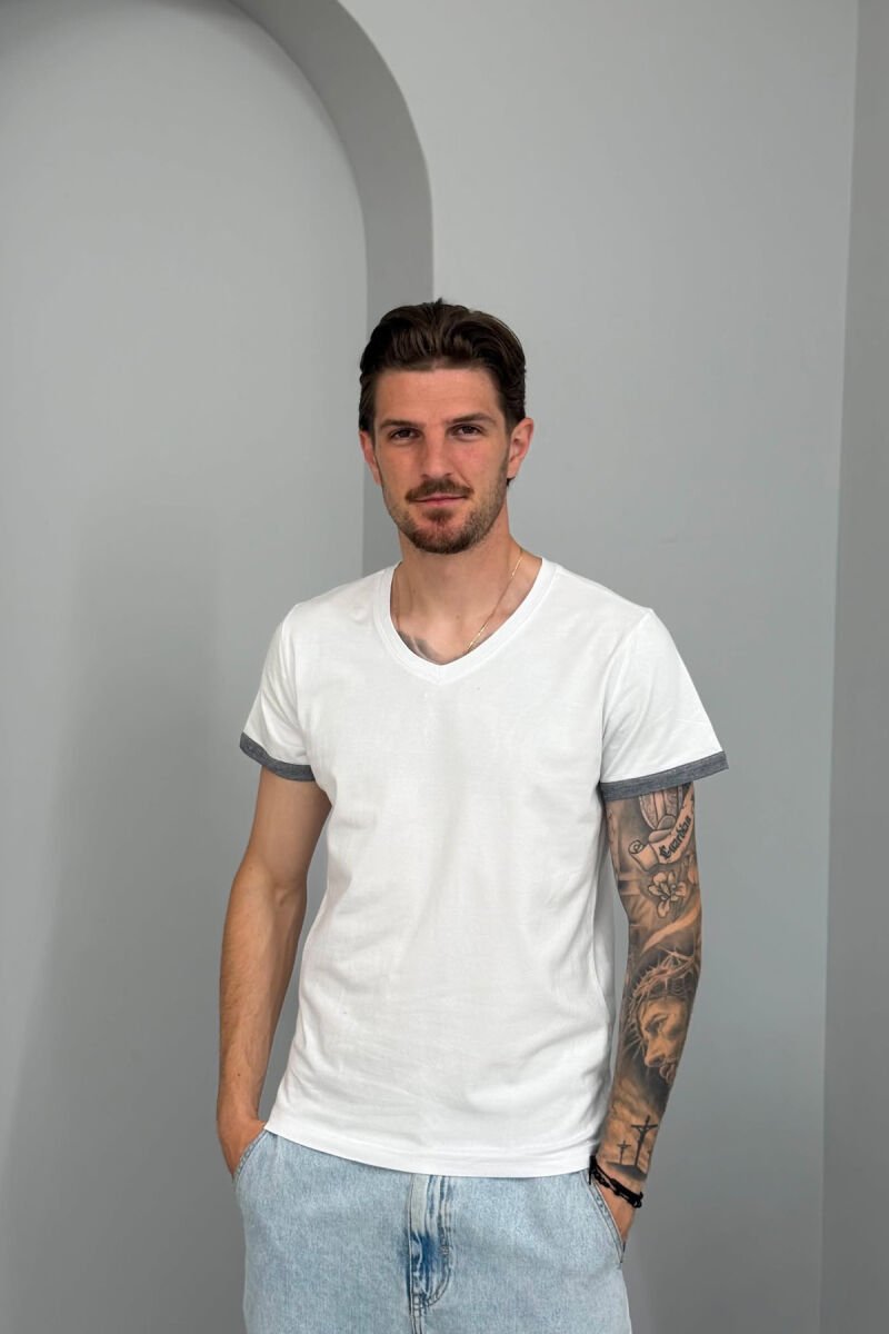 V NECK DETAILS MEN T-SHIRT WHITE-DARK GREY/BAGE - 1