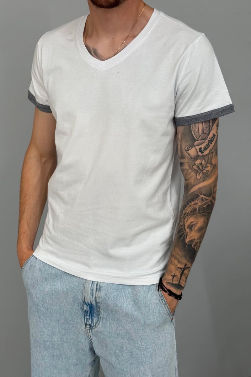 V NECK DETAILS MEN T-SHIRT WHITE-DARK GREY/BAGE - 2