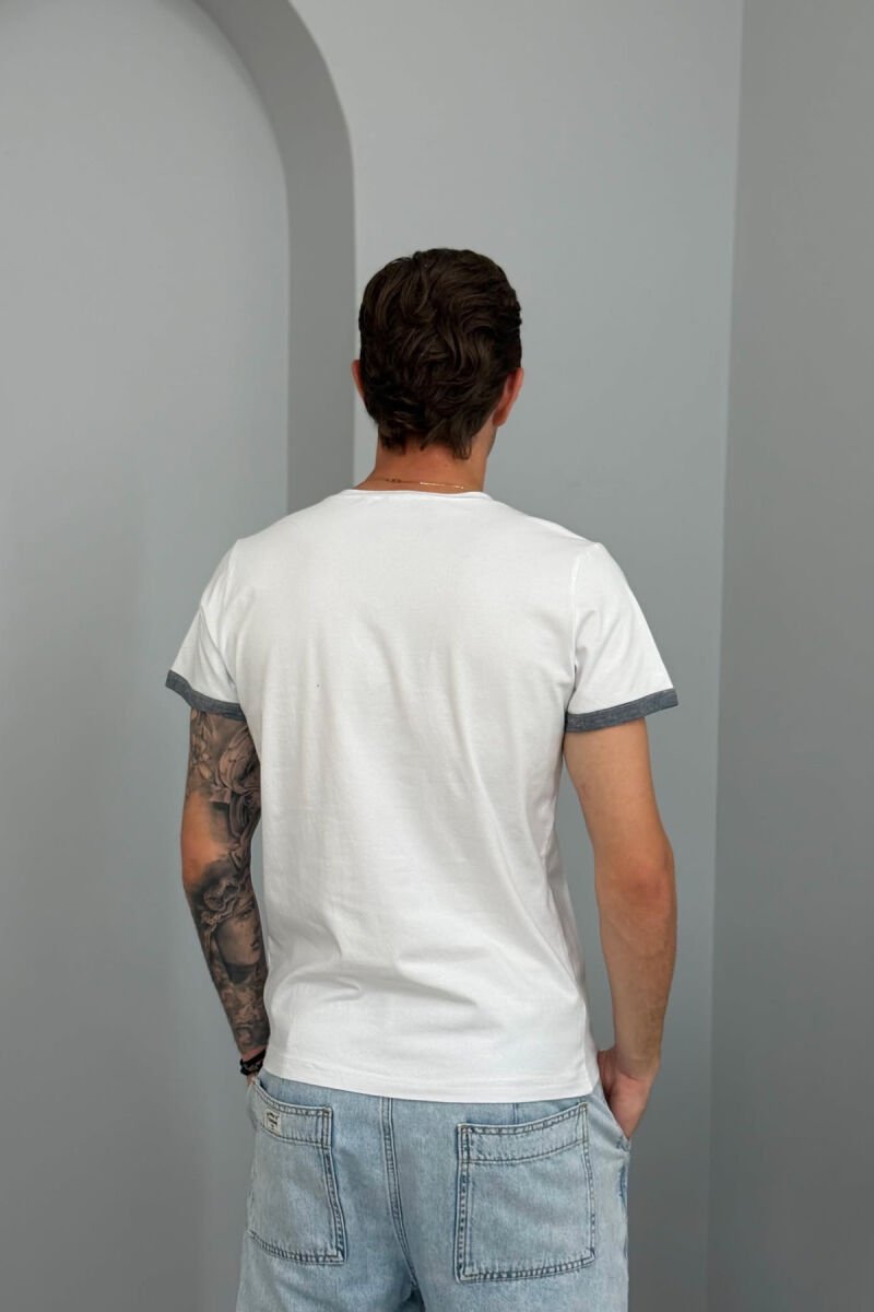 V NECK DETAILS MEN T-SHIRT WHITE-DARK GREY/BAGE - 4