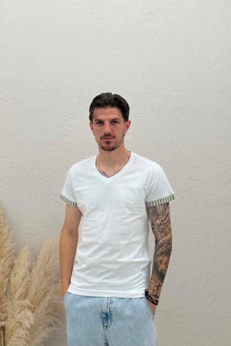 V NECK DETAILS MEN T-SHIRT WHITE/GREEN-BAJE - 1