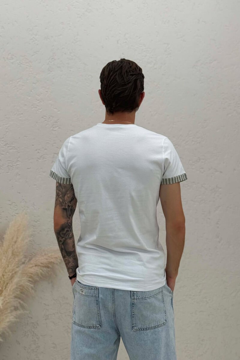 V NECK DETAILS MEN T-SHIRT WHITE/GREEN-BAJE - 2