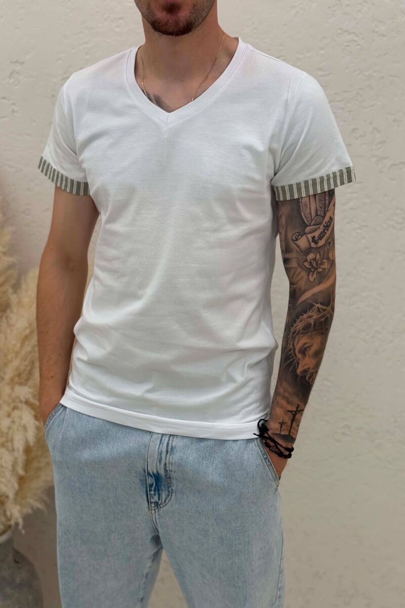 V NECK DETAILS MEN T-SHIRT WHITE/GREEN-BAJE - 4